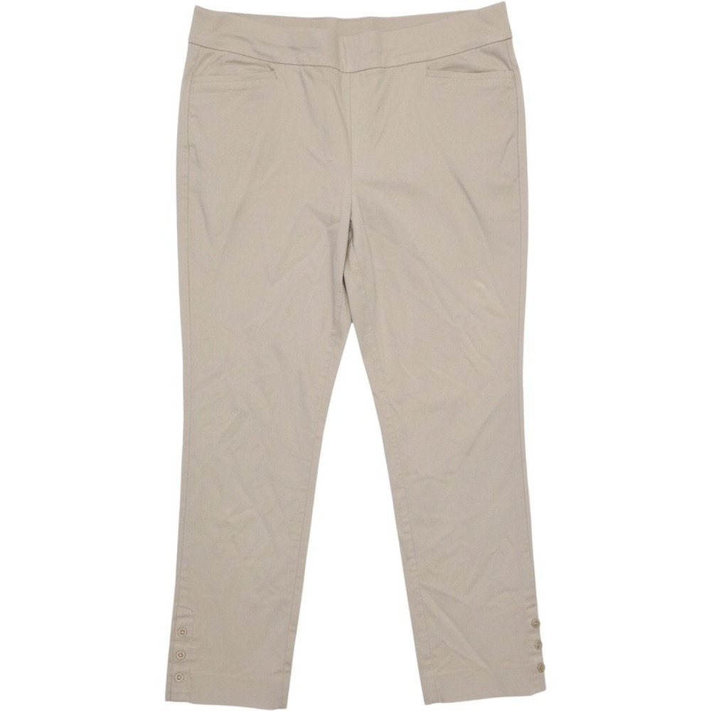 Womens Khaki Beige Pull On Stretch Straight Leg Pants with Ankle Button Detail
